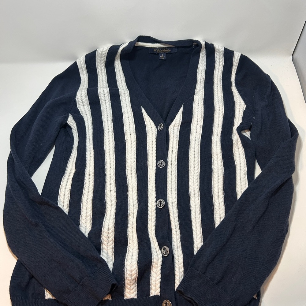 Brooks Brothers Navy & White Striped V-Neck Cardigan Anchor Buttons
